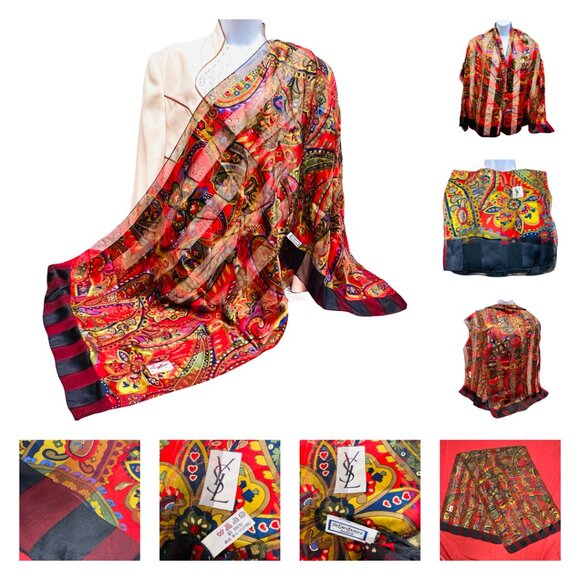 Unused Yves Saint Laurent 100% Silk Chiffon/Satin scarf 68x23 Black Red Flora(32 - Picture 2 of 16